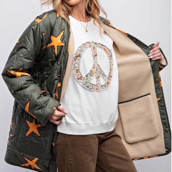 EASEL Scribbly Stars Reversible Jacket Quilted Sherpa Pockets Green Dog Sz L - Picture 1 of 15
